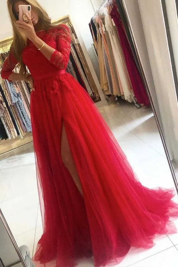 A-line Black Tulle Round Neck Lace Prom Dress Split Evening Dress TP1045