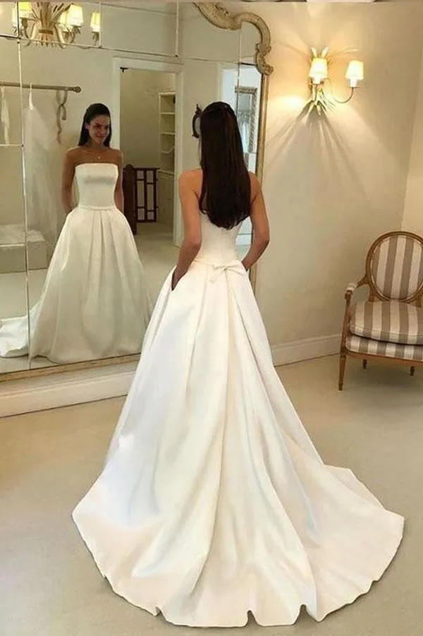 A-line Strapless Open Back Satin Ivory Wedding Dress with Pockets  TN192