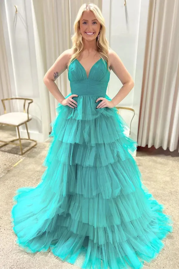 A-line V-Neck Ruffle Tiered Lavender Prom Dress Party Dress TP1379