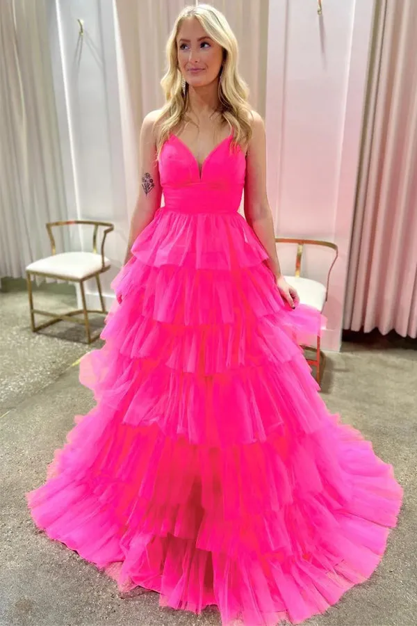 A-line V-Neck Ruffle Tiered Lavender Prom Dress Party Dress TP1379