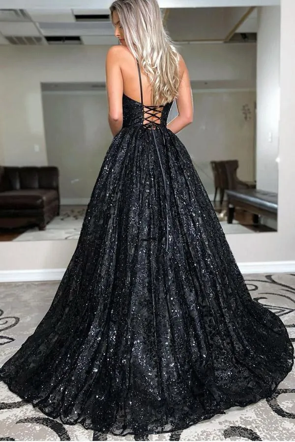 A Line V Neck Spaghetti Straps Black Sequins Prom/Evening Dresses PSK224