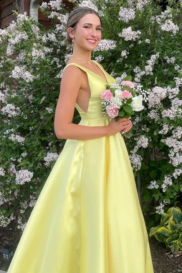 A-Line Yellow Straps Satin Long Prom Dress Party Dress TP1396