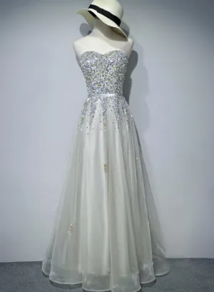 Beautiful Grey Tulle Beaded Sparkle Lace-up Evening Dresses, Party Dress, Long Formal Dresses
