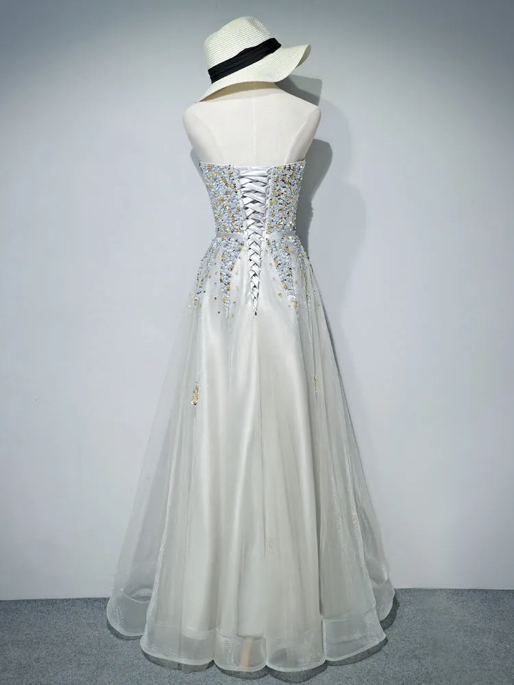 Beautiful Grey Tulle Beaded Sparkle Lace-up Evening Dresses, Party Dress, Long Formal Dresses