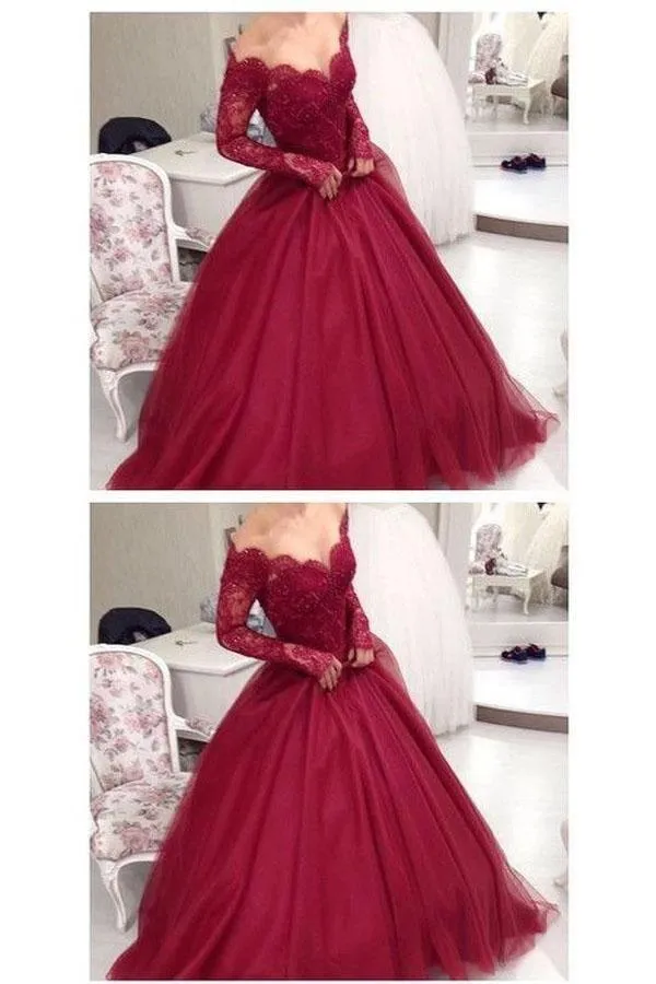 Elegant Burgundy Off the Shoulder Prom Dress,Lace Formal Dress TP0175