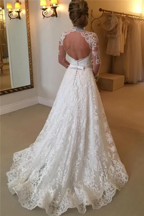 Elegant Lace A-line Long Sleeve High Neck Wedding Dresses WD032