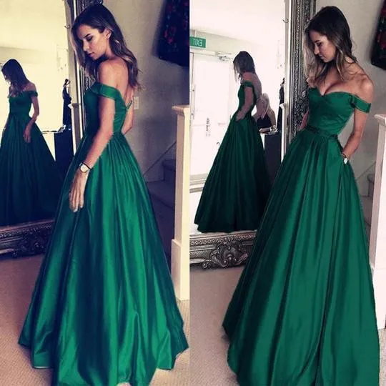 Elegant Satin Off-the-shoulder Neckline A-Line Prom Dresses With Beading PG503