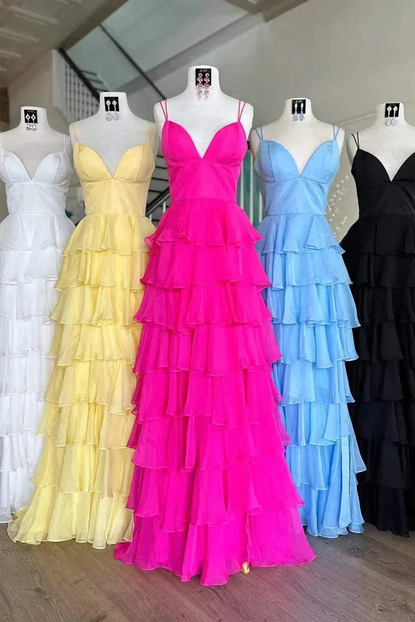 Fuchsia V-Neck Straps Ruffle Chiffon Prom Dress with Slit TP1278