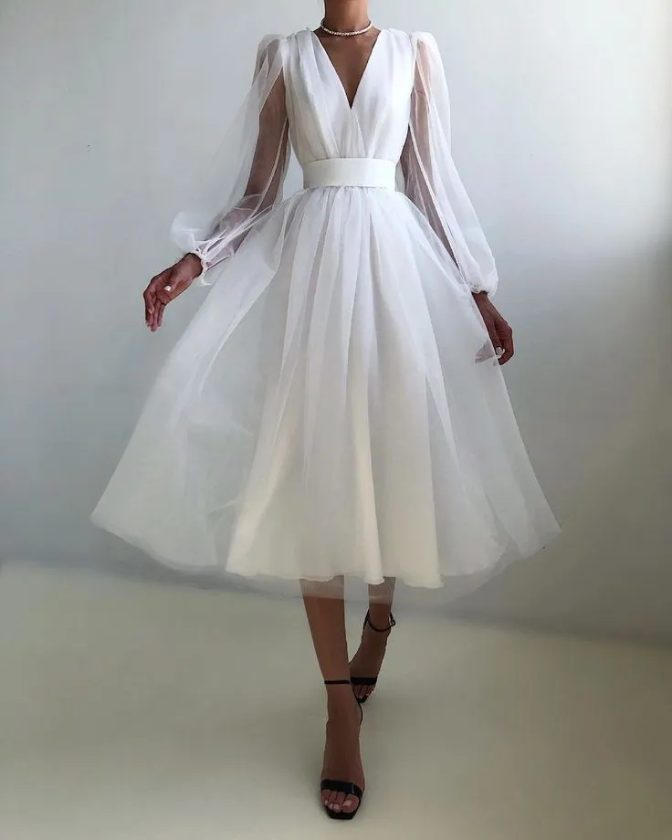 Graduation dress Short A Line Prom Dresses V Neck Long Puff Sleeve Tulle Formal Wedding Evening Party Dresses For Graduation    fg2856