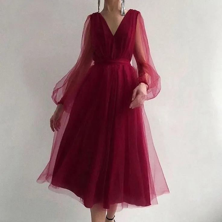 Graduation dress Short A Line Prom Dresses V Neck Long Puff Sleeve Tulle Formal Wedding Evening Party Dresses For Graduation    fg2856