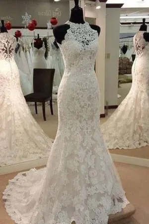 Jewel Neck  Mermaid Lace Applique Sleeveless Wedding Dresses  WD182