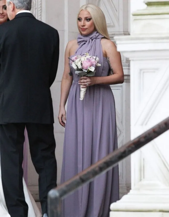 Lilac Lady Gaga Halter Bridesmaid Dress Wedding Choker Neck Prom Celebrity Formal Gown