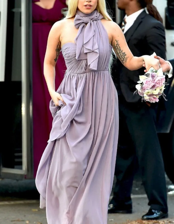 Lilac Lady Gaga Halter Bridesmaid Dress Wedding Choker Neck Prom Celebrity Formal Gown