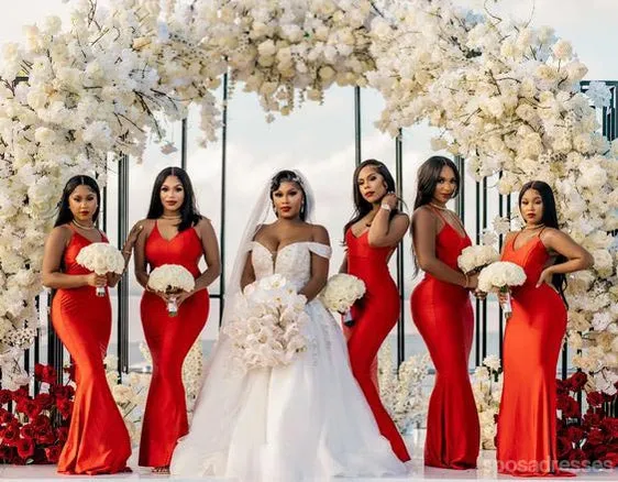Sexy Red Mermaid Spaghetti Straps V-neck Maxi Long Bridesmaid Dresses,WG1716