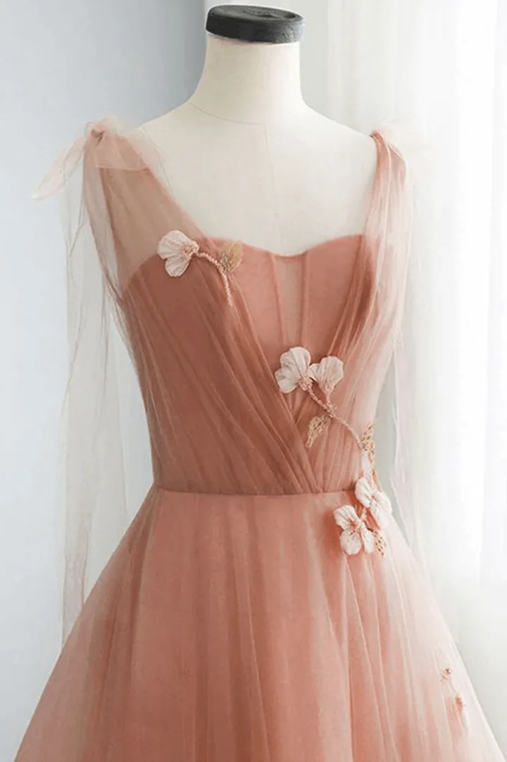 Simple v neck pink tulle long prom dress Pink tulle A line evening dress TP1131