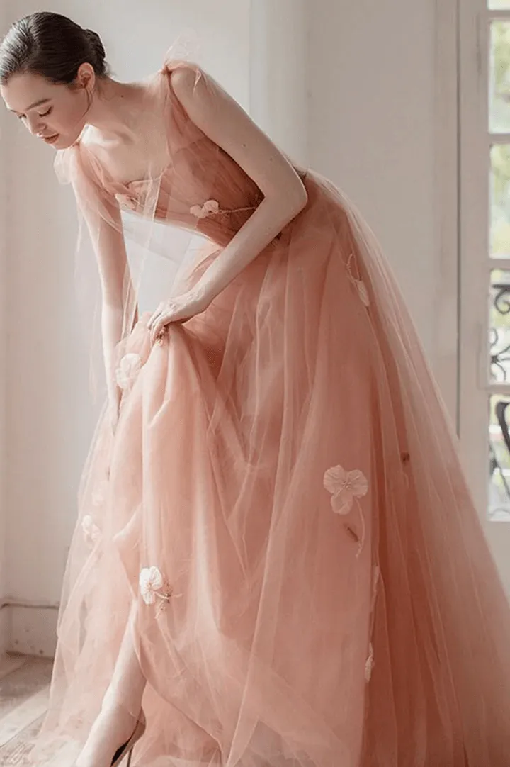Simple v neck pink tulle long prom dress Pink tulle A line evening dress TP1131