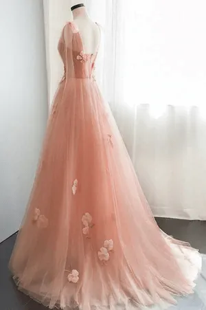Simple v neck pink tulle long prom dress Pink tulle A line evening dress TP1131