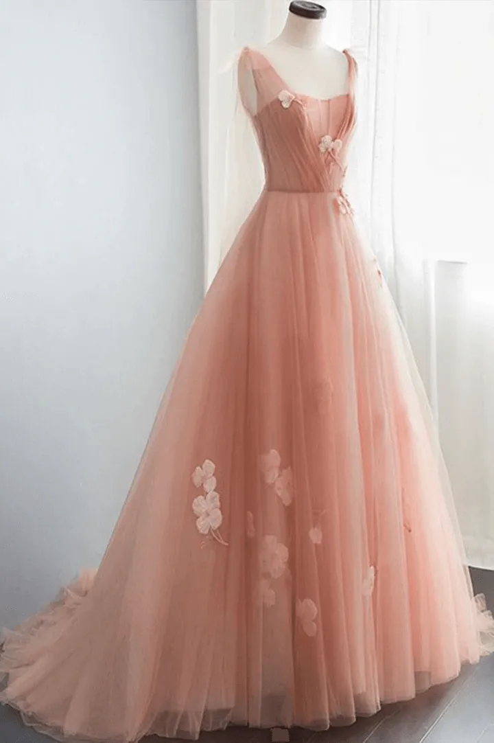 Simple v neck pink tulle long prom dress Pink tulle A line evening dress TP1131
