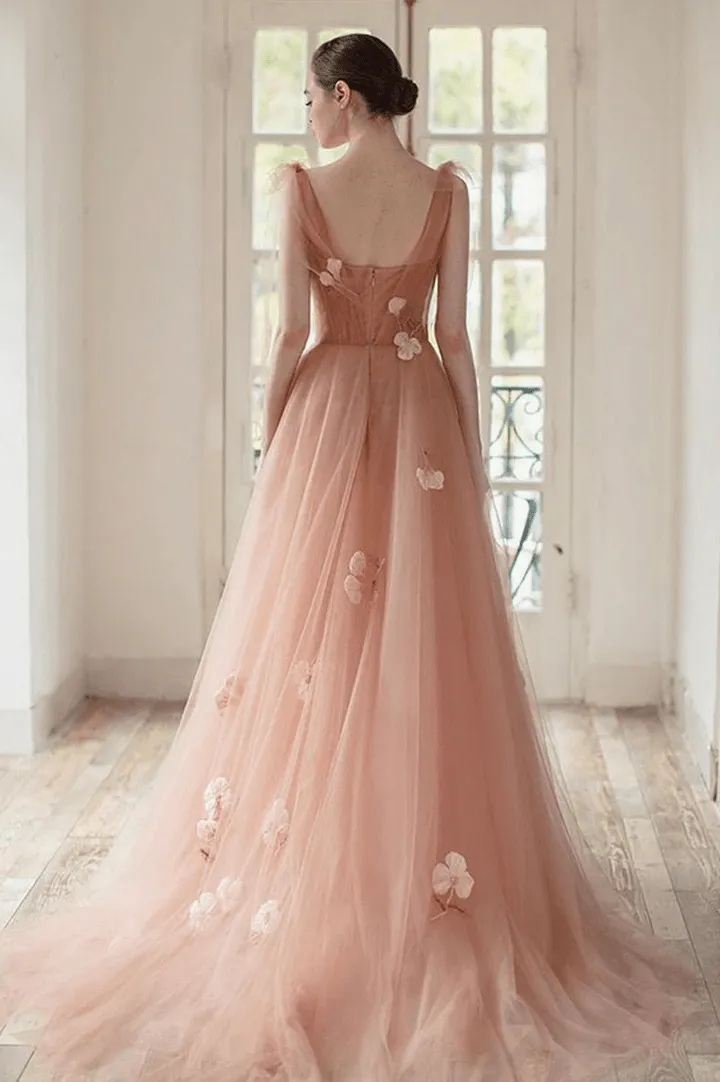 Simple v neck pink tulle long prom dress Pink tulle A line evening dress TP1131