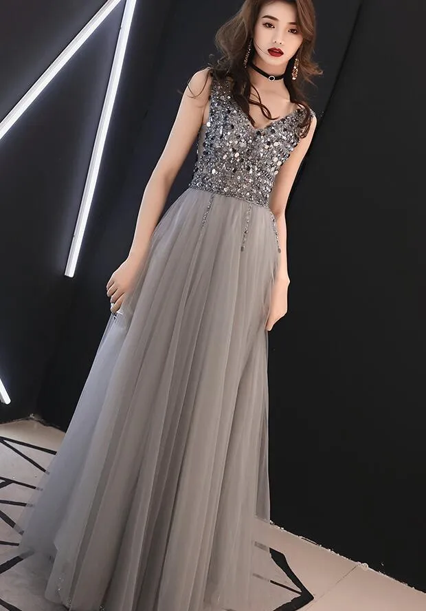 Sparkle Grey Beaded Long Tulle Formal Dress, Long Prom Dress