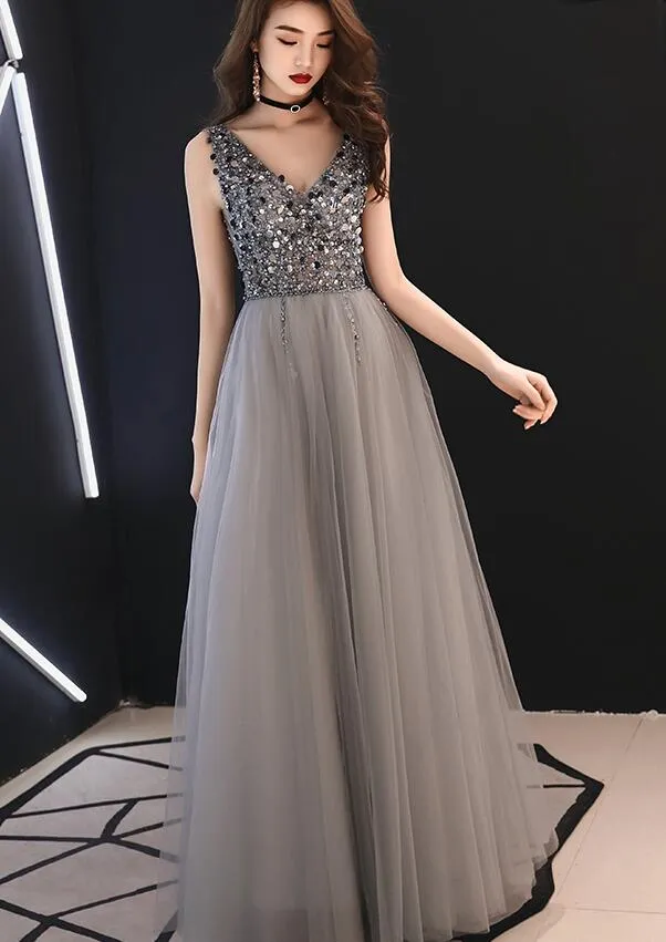 Sparkle Grey Beaded Long Tulle Formal Dress, Long Prom Dress