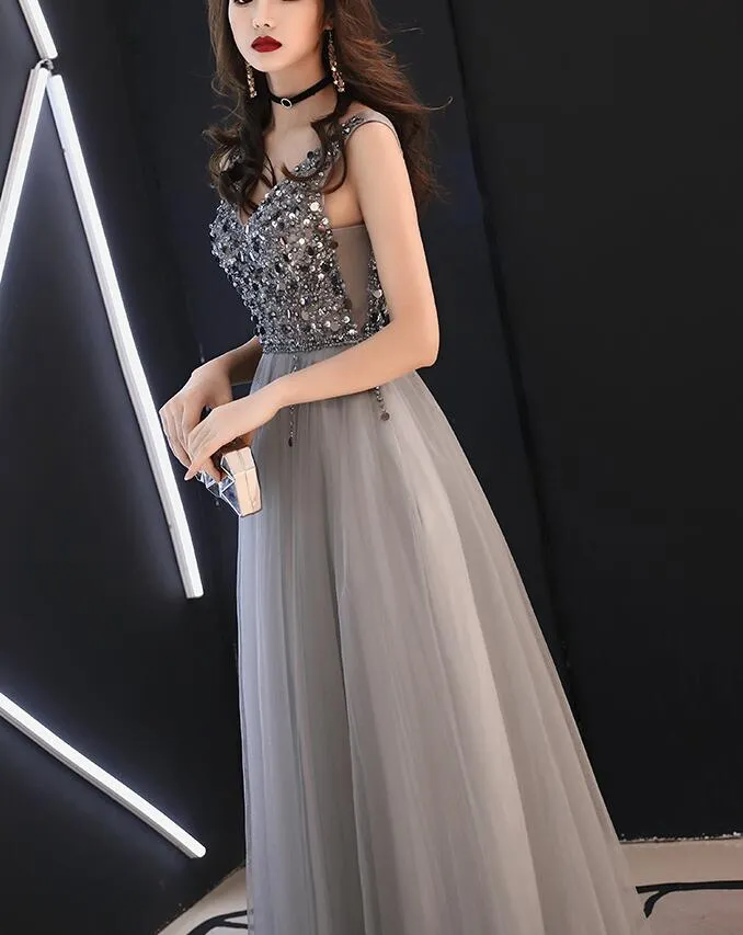 Sparkle Grey Beaded Long Tulle Formal Dress, Long Prom Dress
