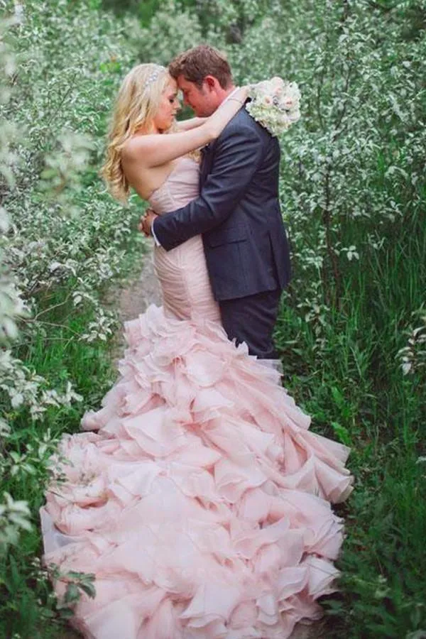 Sweetheart Tiered Train Organza Mermaid Wedding Dress With Beading TN0061