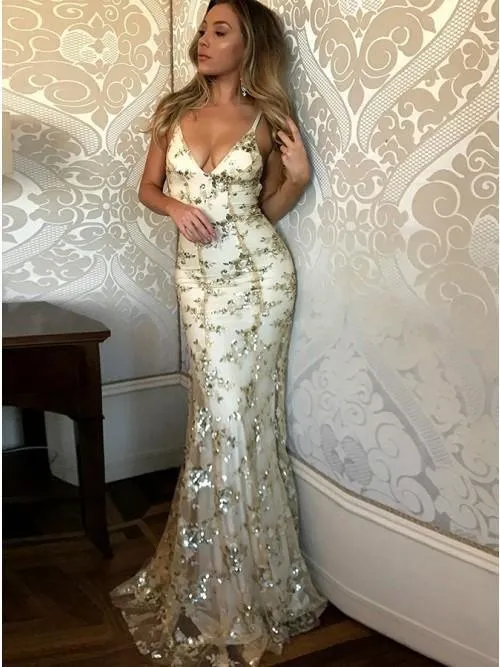 V-Neck Mermaid Sequined Lace Spaghetti Straps Backless Long Prom Dresses TP0878