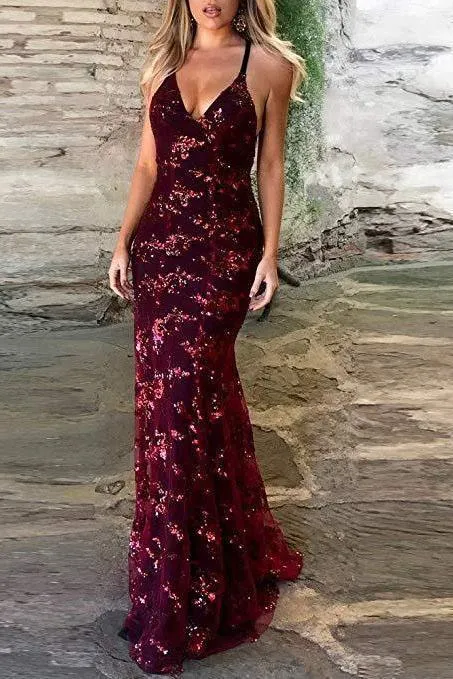 V-Neck Mermaid Sequined Lace Spaghetti Straps Backless Long Prom Dresses TP0878