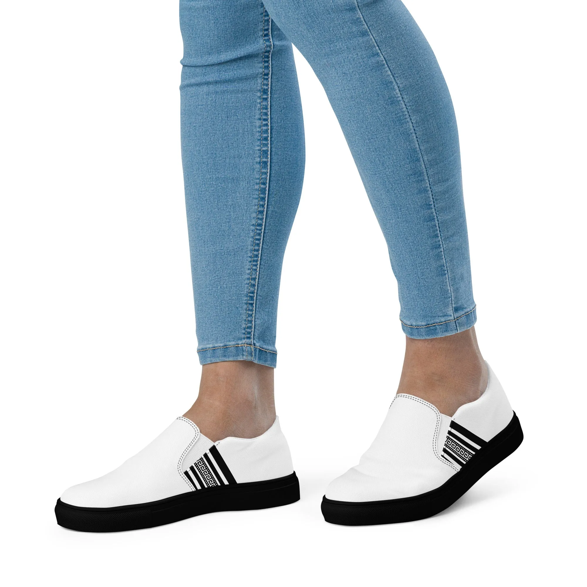 White Black Greek Key Women’s slip-on canvas shoes