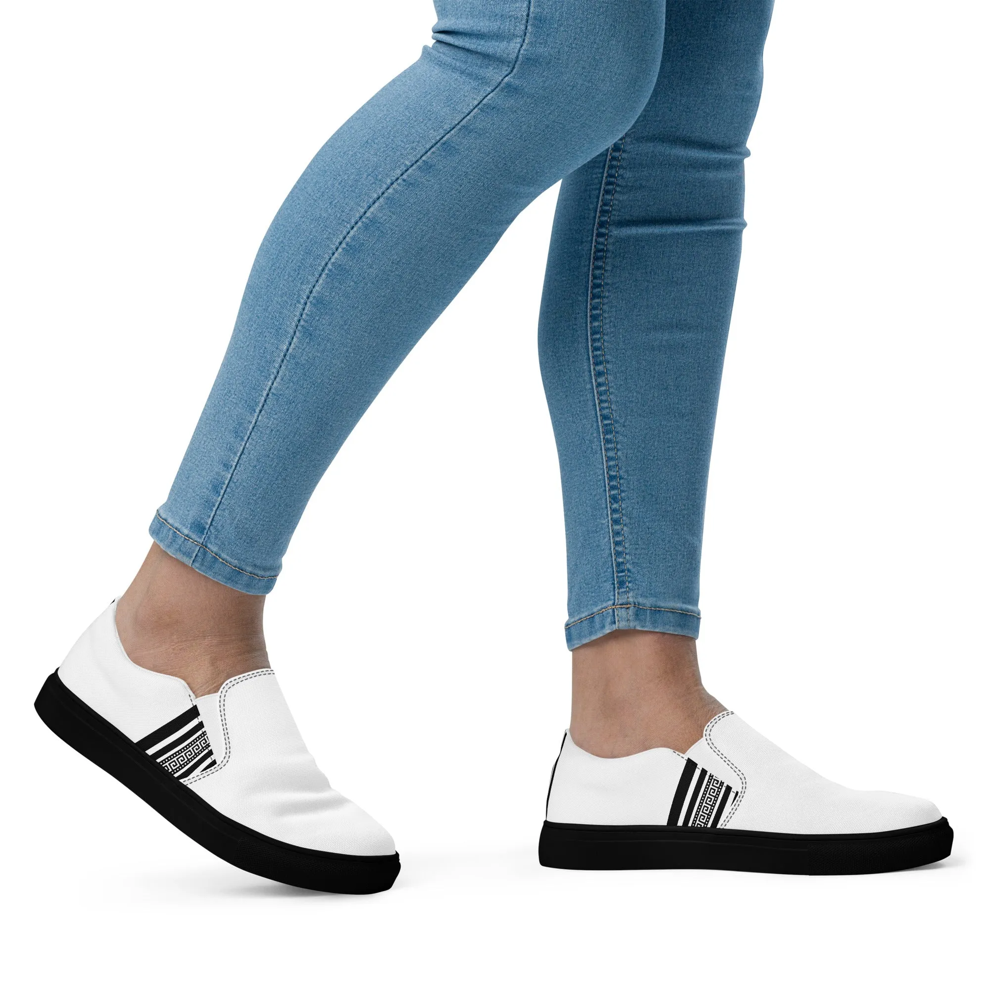 White Black Greek Key Women’s slip-on canvas shoes