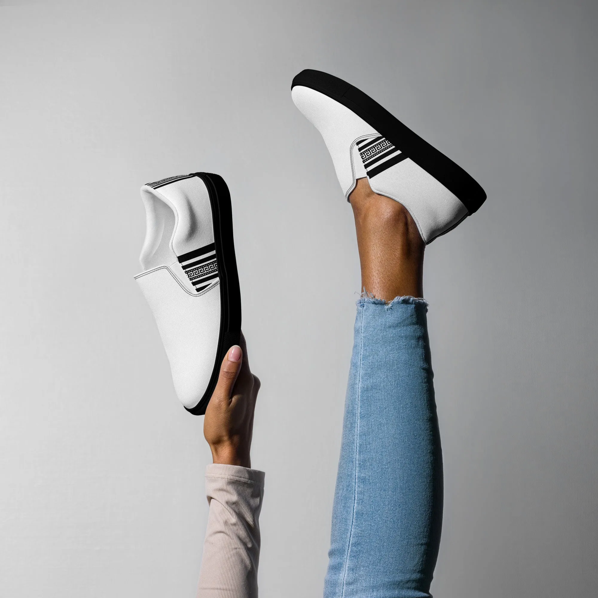 White Black Greek Key Women’s slip-on canvas shoes